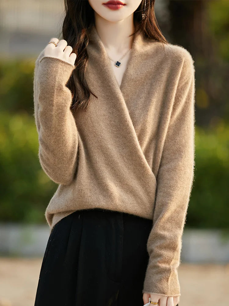 100% Merino Wool Knitwear Women's V-Neck Pullover Sweater Autumn Winter Female Grace Soft Clothes Long Sleeve Warm Fashion Tops