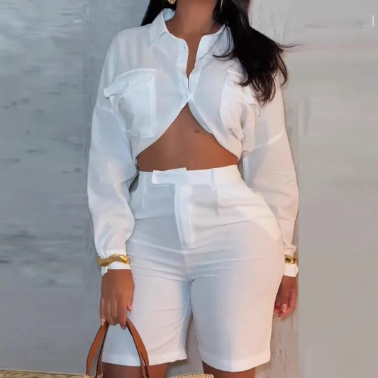 Elegant Two Piece Set Woman Summer 2025 New Solid Loose Long Sleeved Waist Revealing Shirt and High Waisted Half Pants Suit