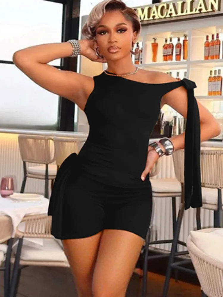 Joskaa Women's 2025 Summer Solid Two Piece Set Sexy Asymmetric Sleeveless Top and Bandage Shorts Matching Tracksuits Streetwear