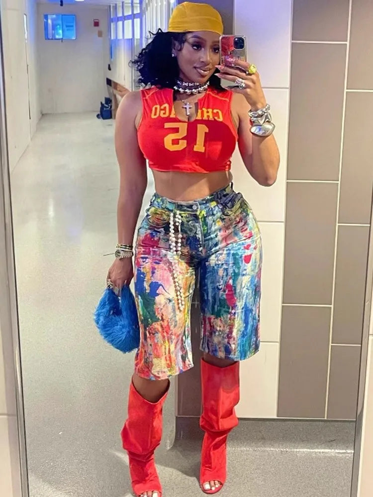 2025 Summer New Women's Pockets Graffiti Shorts Hot Casual Polyester Shorts Mid Waist Short Fashion Streetwear Short Pants