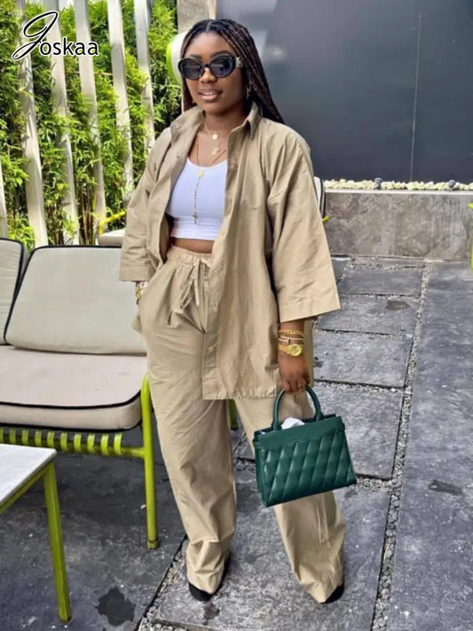 Joskaa Women's 2025 Khaki Two Piece Set Casual Lapel Short Sleeve Button-Down Shirt+Tie-Waist Pants Matching Streetwear S-XXL