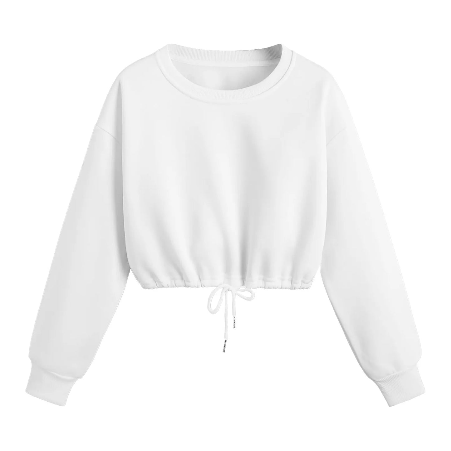 Women Casual Solid Round Neck Long Sleeve Crop Top Sweatshirt Loose Strap Top Athletic Wear Hoodie Casual Female Sportswear