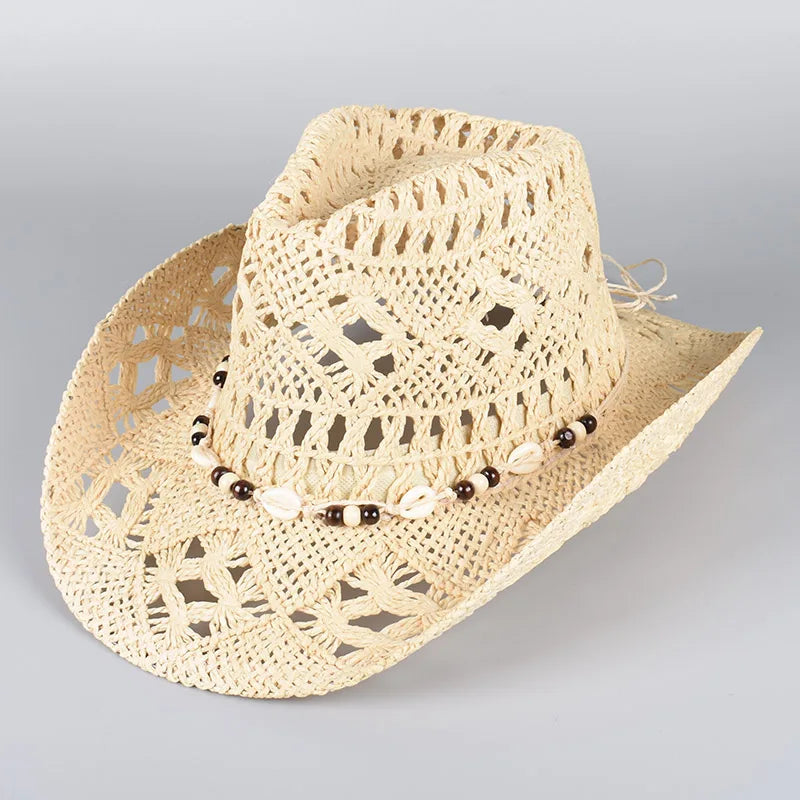 Straw Western Cowboy Hat for Women Men Classic Vintage Hollow Out Unisex Wide Brim Beach Sun Hat Fishing Hat Climbing Cap