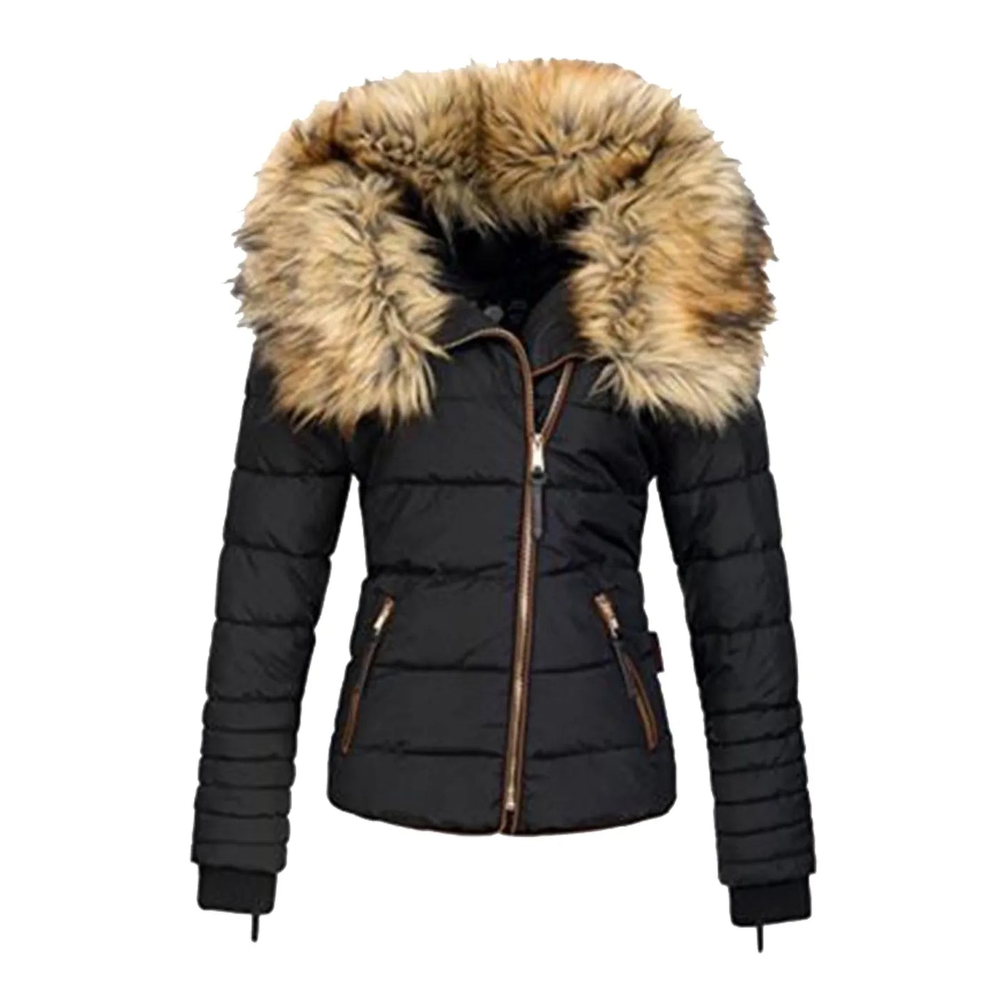 Solid Color Winter Waist In Down Jackets For Women Full Zip Long Sleeve Casual Autumn Fur Collar Warm Coat Chaquetas De Mujer