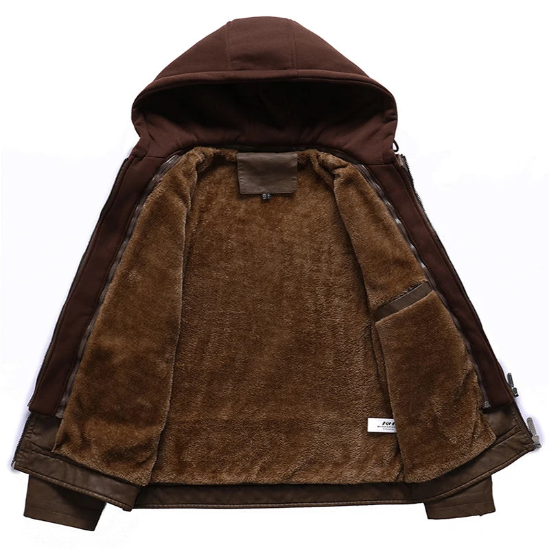 Autumn/Winter Men's fake two PU leather retro detachable hooded jacket coats