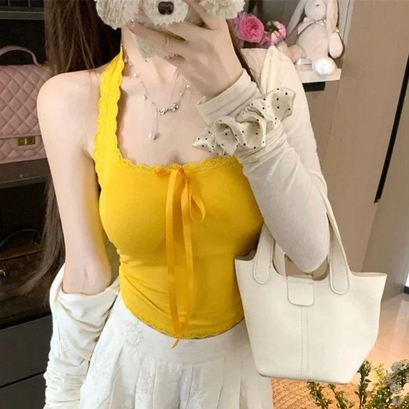 2025 Summer Women T-Shirts Sexy U-neck Halter T-Shirts Female Solid Lace Underwear Tops Girls Fashion Bowknots Slip Vest Clothes