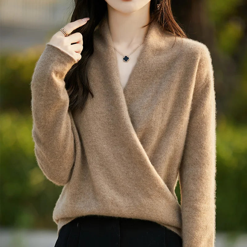 100% Merino Wool Knitwear Women's V-Neck Pullover Sweater Autumn Winter Female Grace Soft Clothes Long Sleeve Warm Fashion Tops