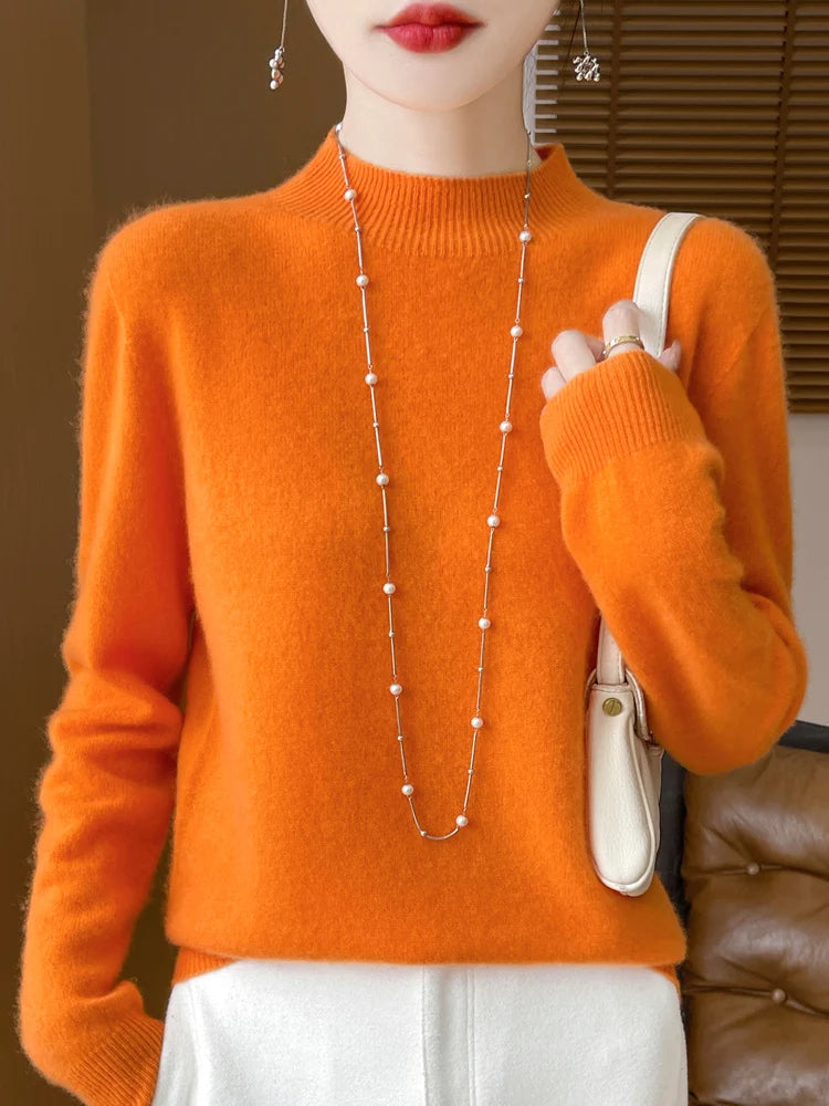 Women's Elegant Basic Style Pullover 100% Merino Wool Knitwear Autumn Winter Warm Solid Casual Loose Exquisite Clothing Tops