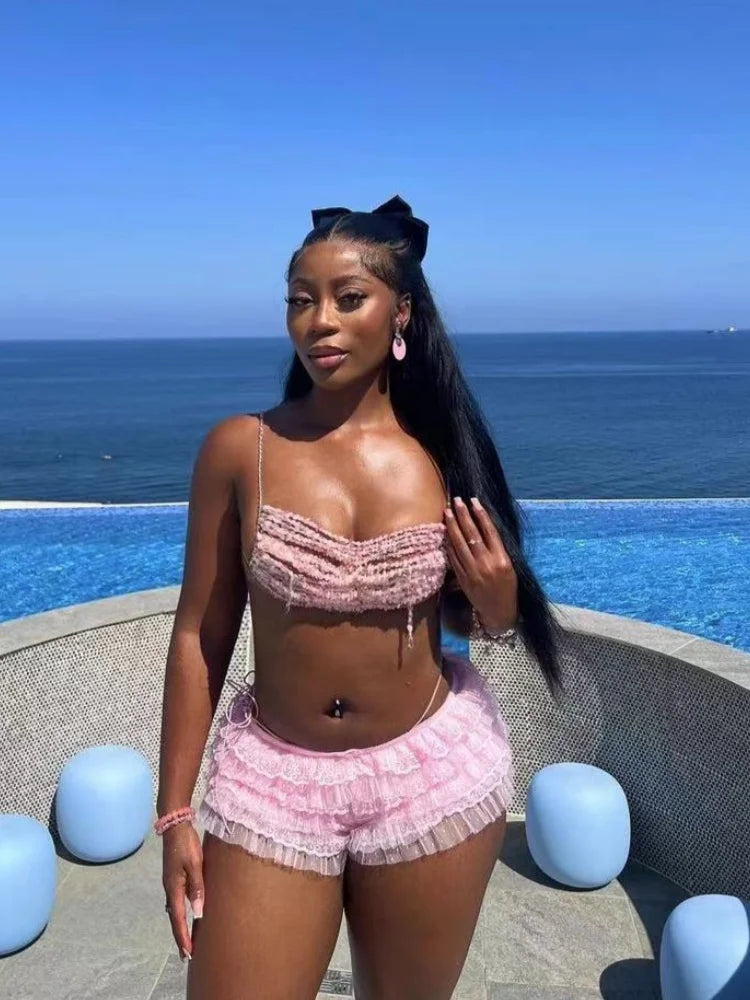 Joskaa Sexy Beach Hot Pants Women Hipster Low Waisted Ruffles Tiered Shorts Skirts Vacation Party Club Female Bottoms Streetwear