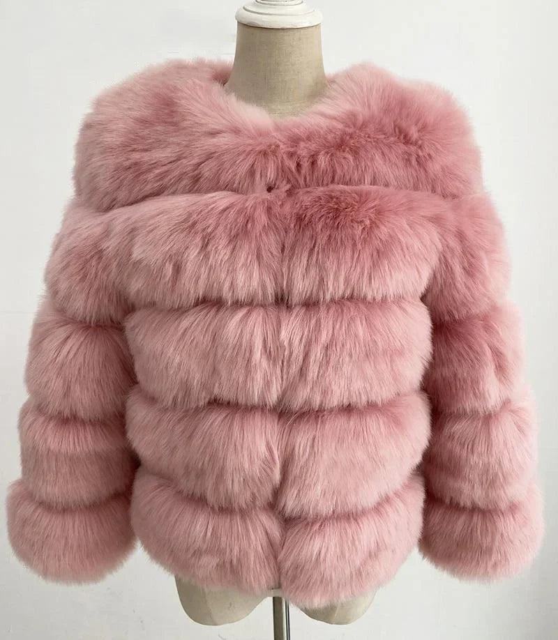 Faux Fur Women Coats Solid Round Neck Full Sleeve Coat Thick Warm Fox Short Open Stitch Elegant Splice Autumn Winter 2024