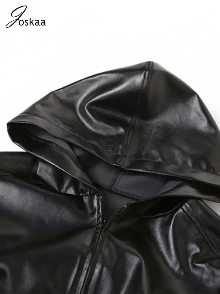 Joskaa Fashion Black Faux Leather Jackets Women Hipster Sexy Hooded Long Sleeve Zip-Up Crop Coats Autumn Outerwear Streetwear