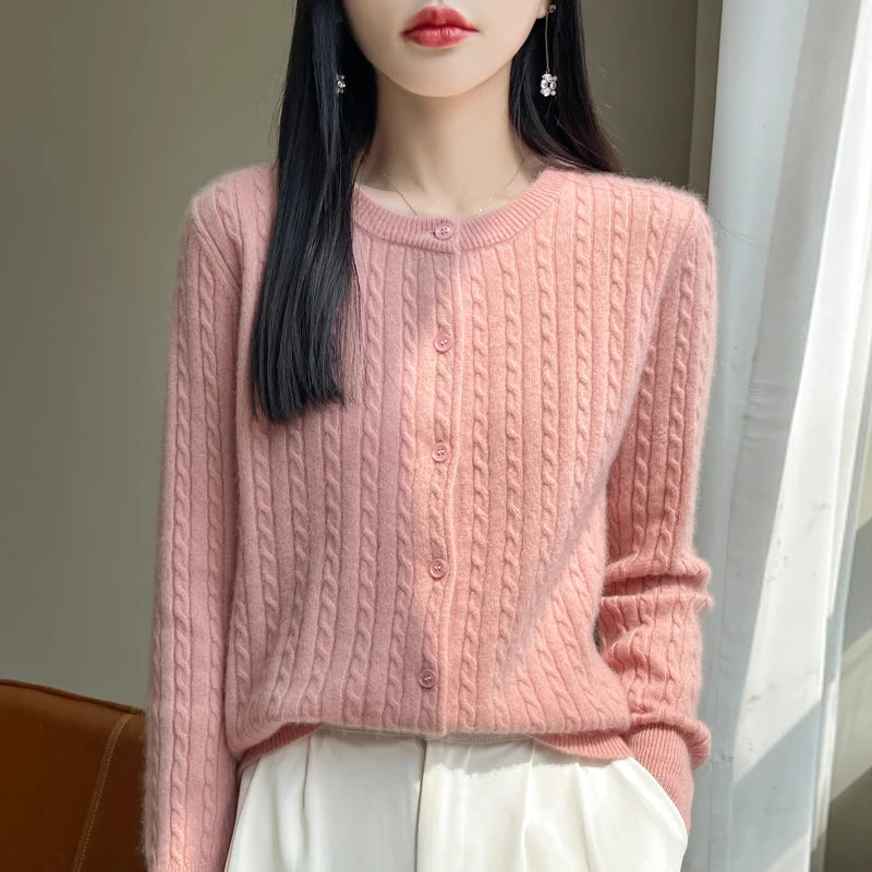 Autumn Winter O-neck Women 100% Merino Wool Sweater New Casual Cable Knitted Cardigan Tops Woman Cashmere Sweater