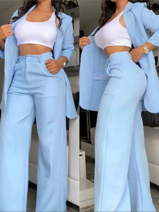 Woman Elegant Blazer Sets New Autumn Fashion Women's Notched Collar Coat + Pocket Design Pants Set Work Commuting Two Piece Suit