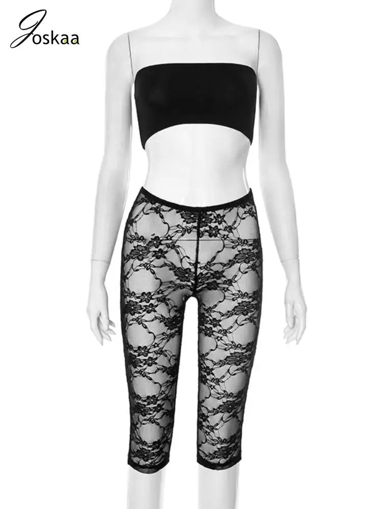 Joskaa Black 2 Piece Sets Women Hipster Sexy Tube Tops and Lace Jacquard Cropped Pants Matching 2025 Coquette Midnight Clubwear
