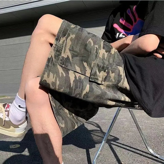 Men's New Retro Camouflage Workwear Loose High Street Pocket Straight Versatile Five-point Shorts