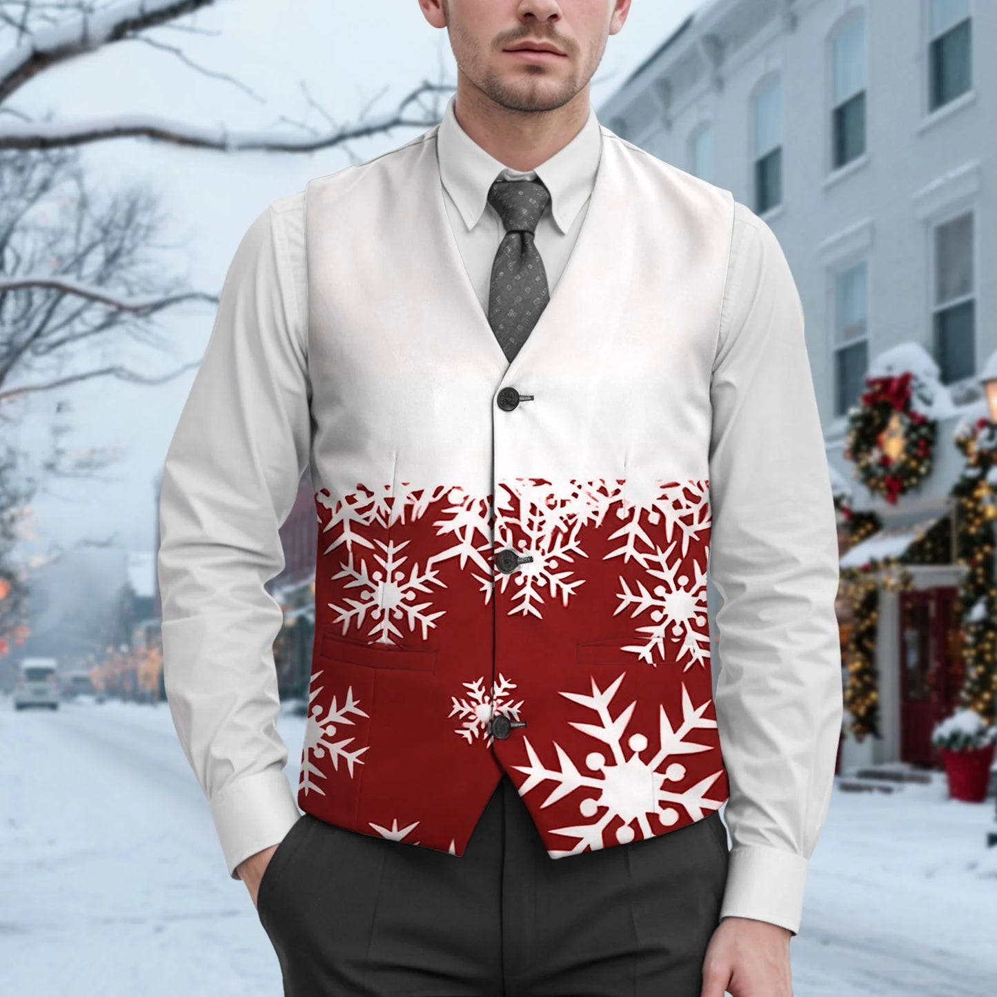 Christmas Snowflake Print Suit Vest Jacket Men'S V Neck Button Pocket Slim Suit Vest Jacket Exquisite Men'S Outerwear Coat