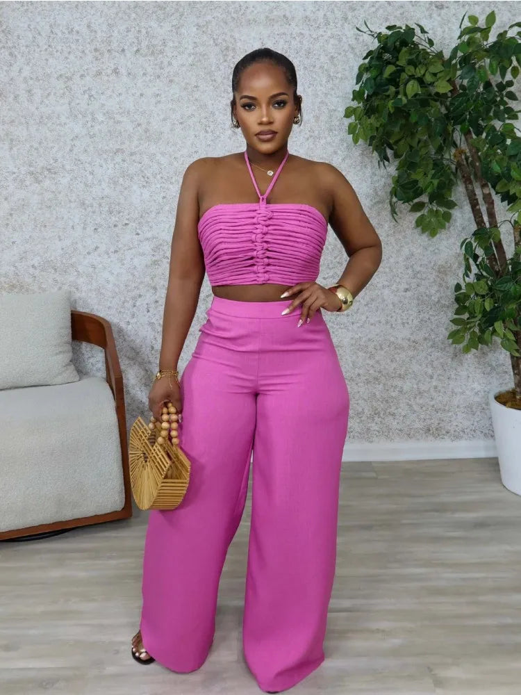 Joskaa 2025 Women 2 Piece Sets Sexy Strapless Ruched Halter Tops+High Waist Side Zip Wide Leg Pants Suits Tracksuits Streetwear