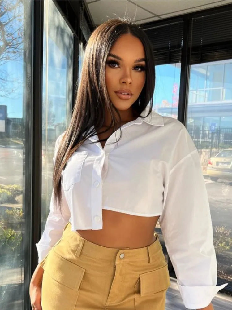 Joskaa Unique Irregular Shirts Women Hipster Sexy Lapel Long Sleeve Single Breasted Crop Tops Female Blouses Harajuku Sreetwear