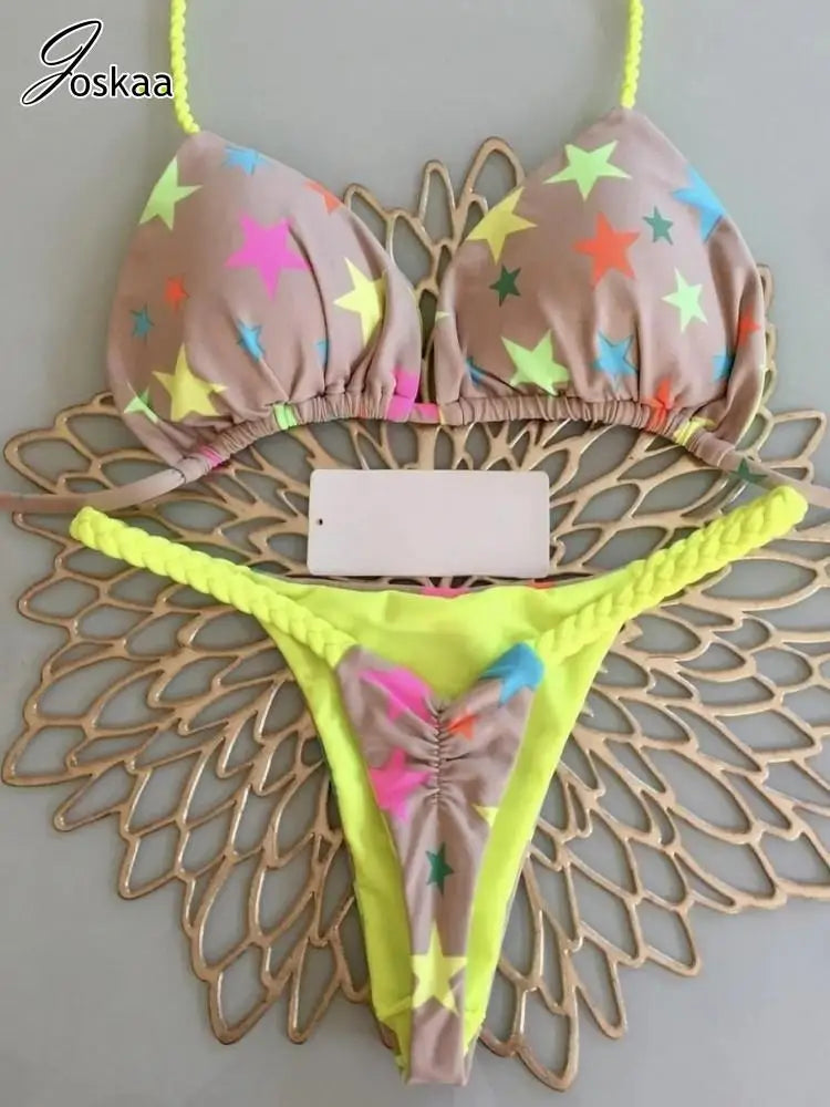 Joskaa 2025 Summer Print 2 Piece Bikini Sets Women Swimwear Sexy String Bra+Briefs Matching Bathing Suits Vacation Beachwear