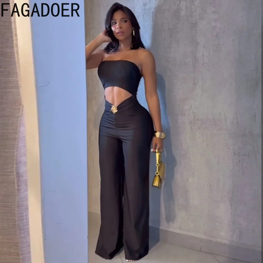 FAGADOER Sexy Hollow Out Bodycon Jumpsuit for Women Solid Color Sleeveless Backless Rompers Female Streetwear Overalls 2025 New