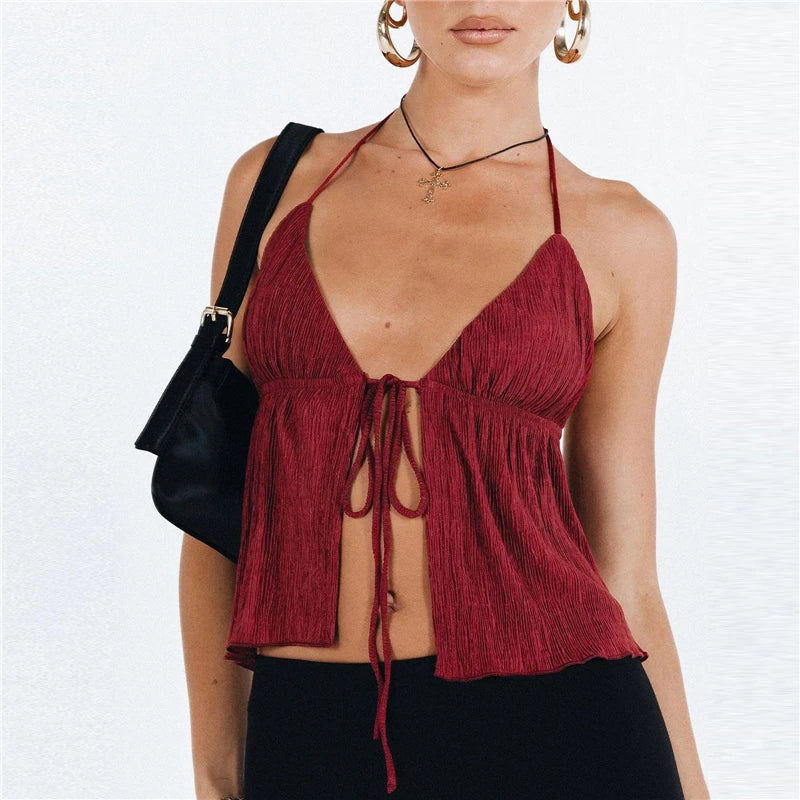 Sexy Summer Cami Top Bowknot Lace-Up Sleeveless Cropped Vest Elegant Youth Clothes Women Fashion Off Shoulder 2024 New