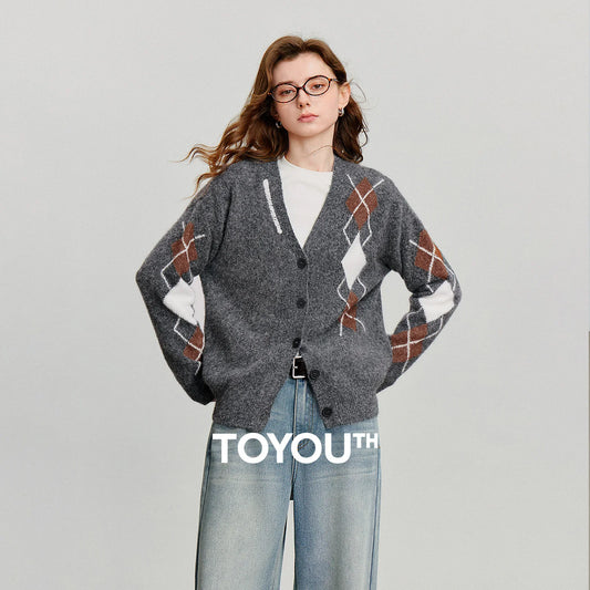 TOYOUTH Women Knitted Sweater 2025 Autumn New Grid Pattern V Neck Single Breasted Button Knitted Cardigan Coat Gray