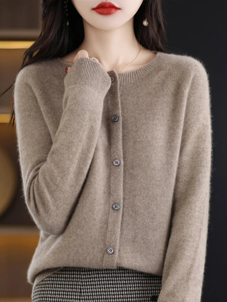 New Fashion Spring 100% Merino Wool Womens O-neck Cardigan Cashmere Sweater 2024 Female Clothing Grace Knitwear Korean Tops
