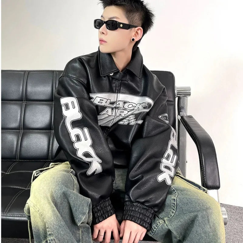 Heavy Duty Embroidered Men's Motorcycle Leather Jacket, Silver Edgy Aesthetic Windbreaker for Men, Autumn Fashion Mans Clothes