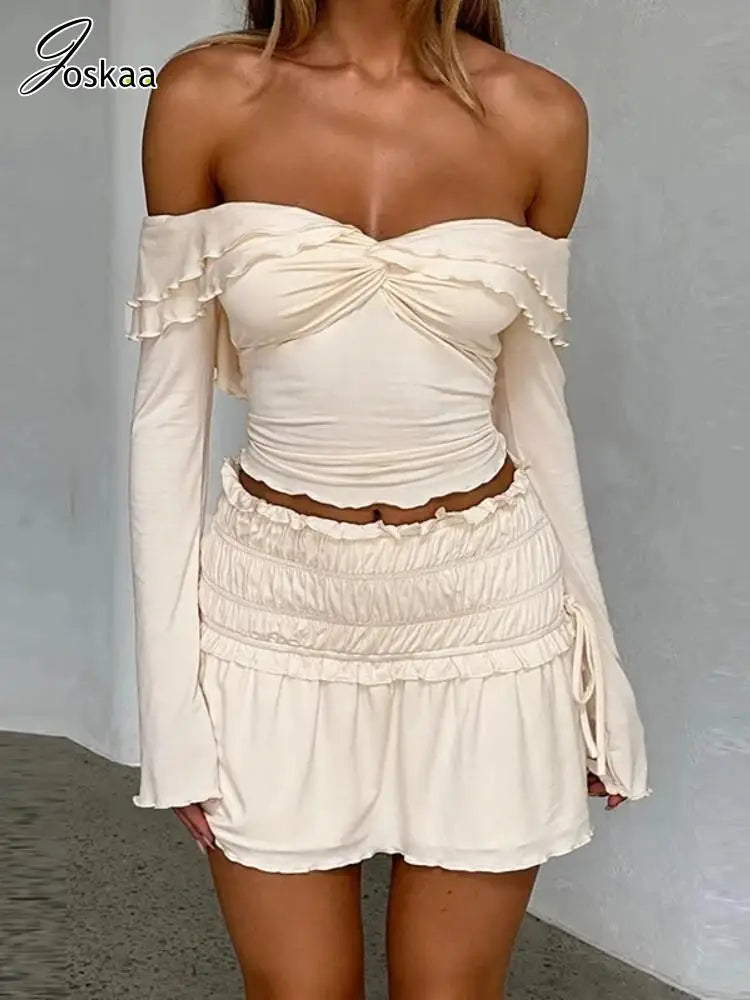 Joskaa Elegant Women 2 Piece Sets Sexy Off Shoulder Long Sleeve Crop Tops and Ruched Mini Skirt Match Party Clubwear Streetwear