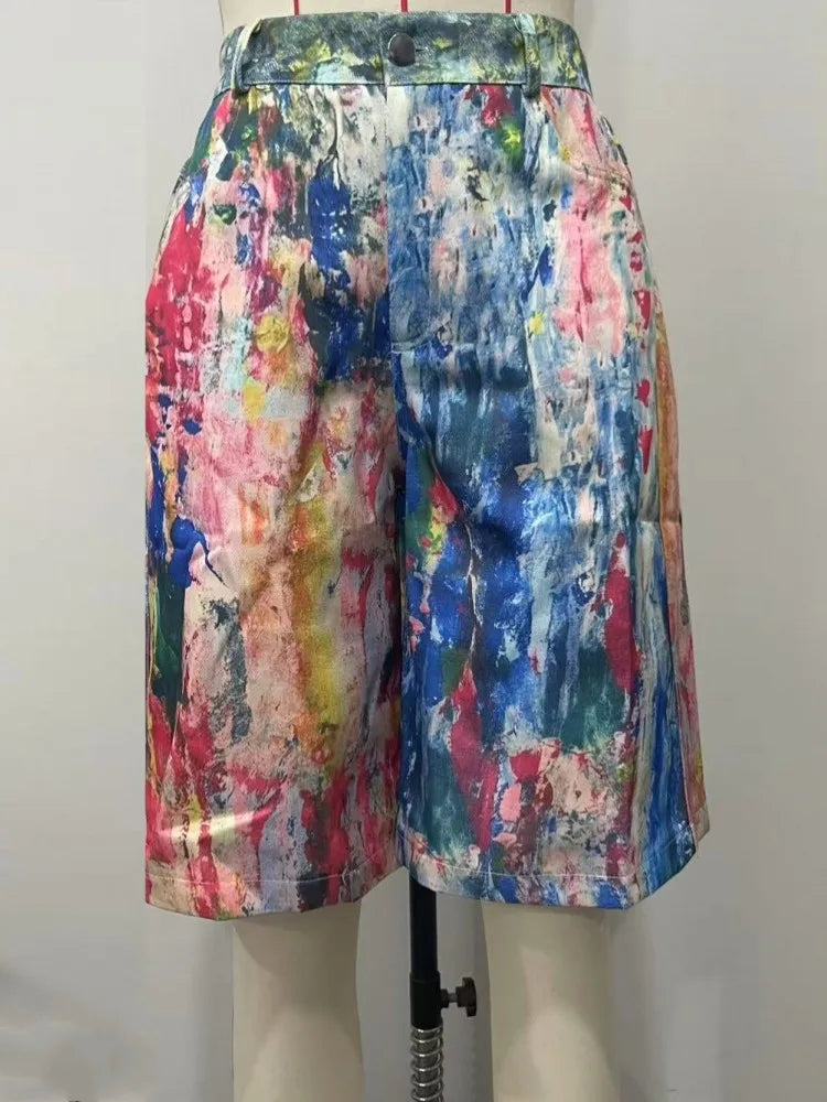 2025 Summer New Women's Pockets Graffiti Shorts Hot Casual Polyester Shorts Mid Waist Short Fashion Streetwear Short Pants