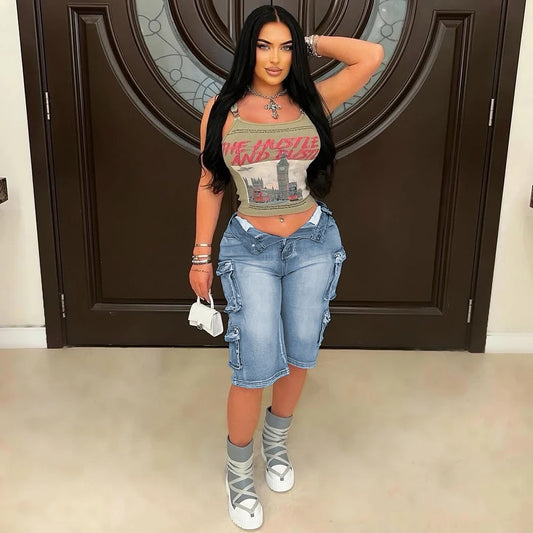 2025 New Summer Women Denim Short Pants Straight Midi Casual Multi Pockets Knee Length Vintage Washed Cargo Feminino Jean Shorts