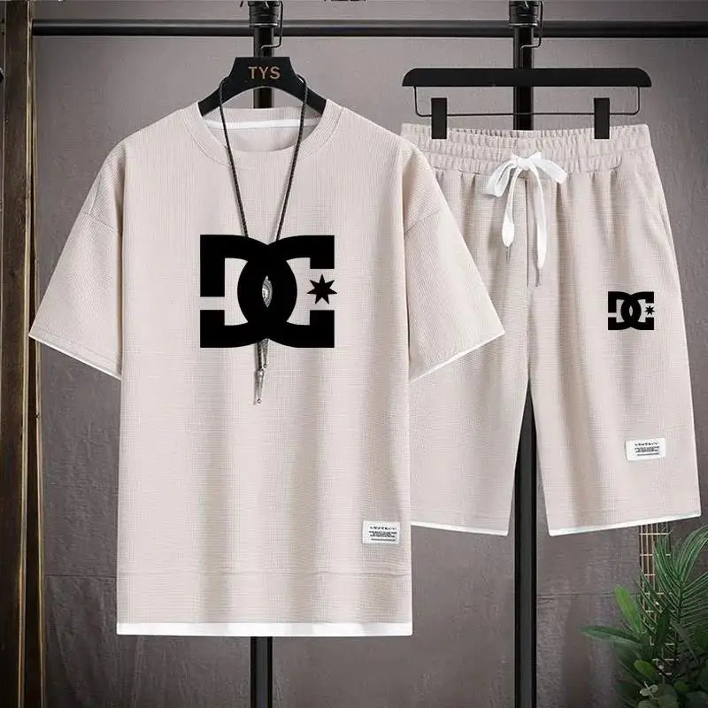 Summer Men's Sets Korean Fashion 2 Piece Set Tracksuits Men Casual Clothing Joggers Plaid T Shirt+Shorts Outfit