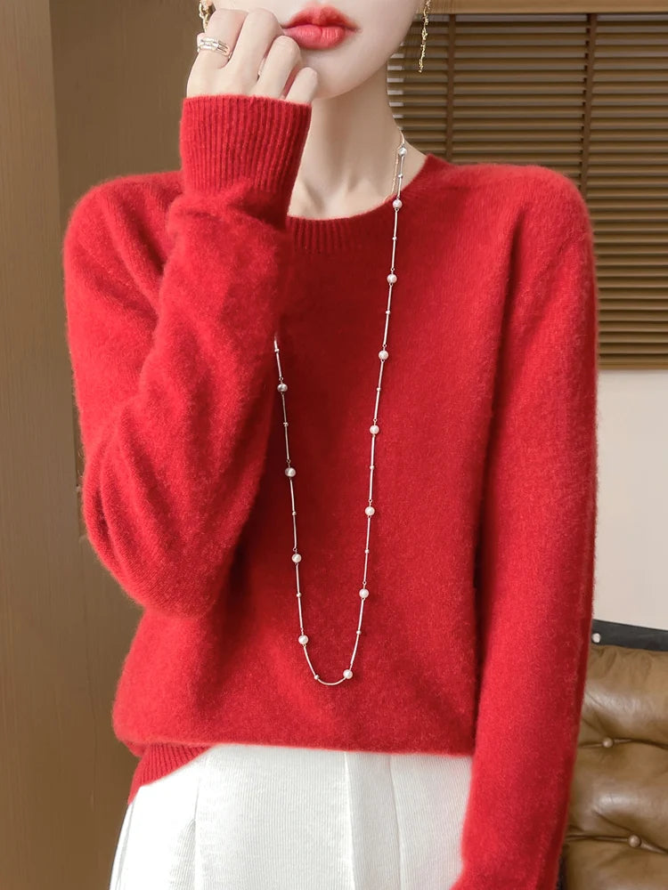 Autumn Winter Women 100% Merino Wool Sweater O-Neck Cashmere Pullover Basic Fashion Clothing Comfort Warm Top Casual Solid