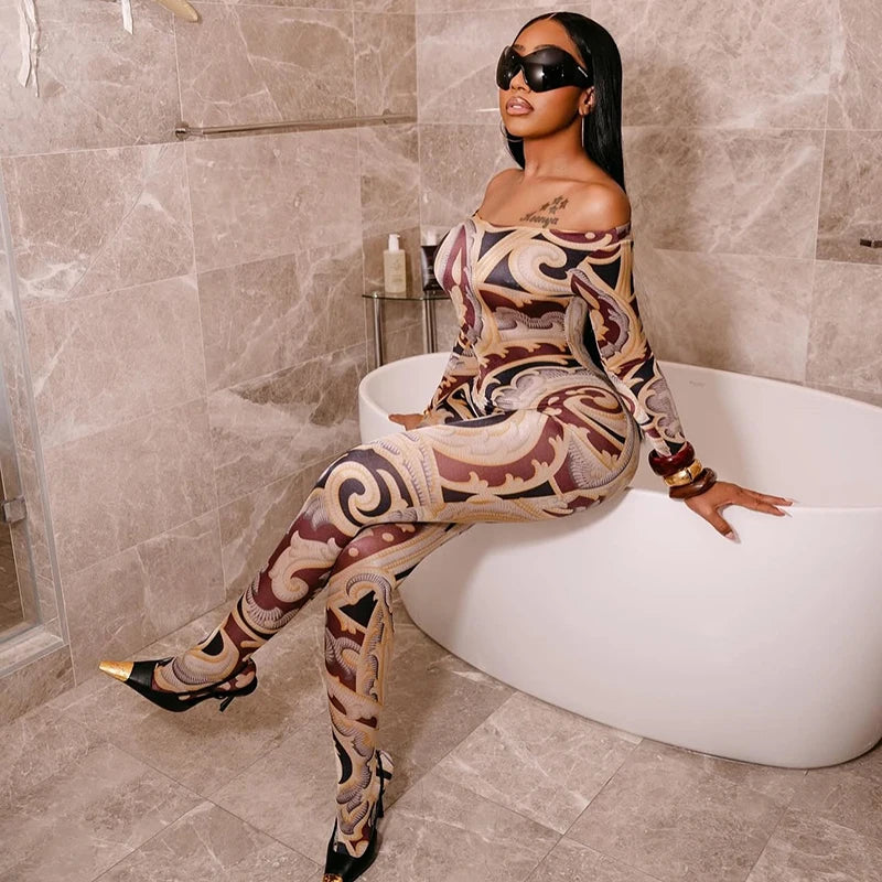 CUTENOVA Fall New Colorful Printed Women'S Jumpsuit  One-Shoulder Strapless Long Sleeves Slim Fit Elastic Ankles Jumpsuit Female