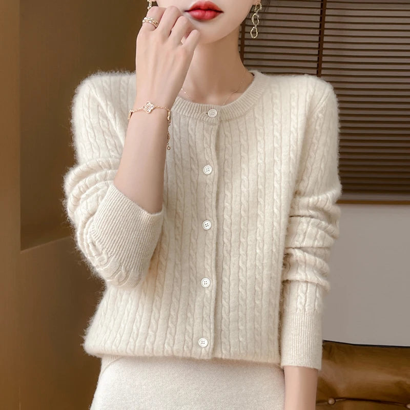 Autumn Winter O-neck Women 100% Merino Wool Sweater New Casual Cable Knitted Cardigan Tops Woman Cashmere Sweater
