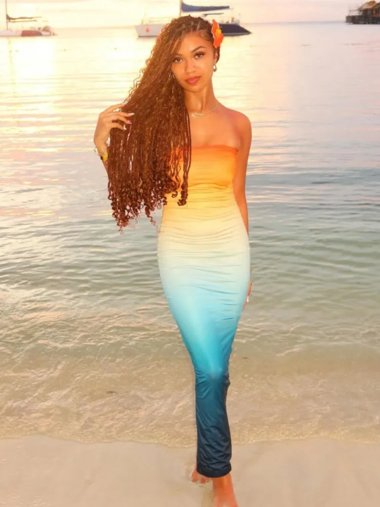 Joskaa 2025 Summer Women's Gradient Print Maxi Dress Sexy Wrap Chest Backless Slit Bodycon Vestdios Holiday Beach Y2K Clubwear