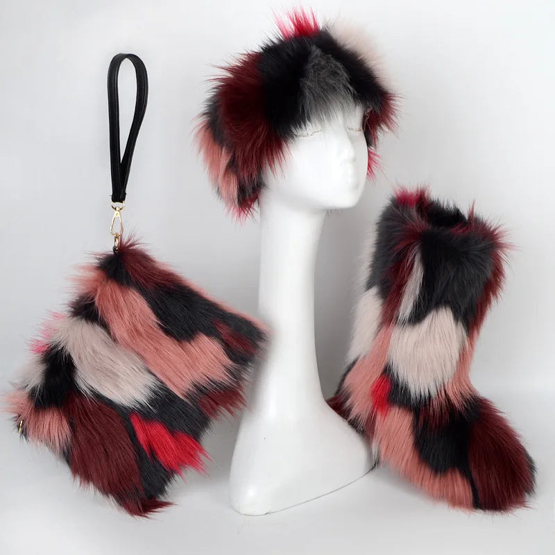 Women High Quality Fur Snow Boots One Fur Plus Velvet Thick Plus Size Snow Boots Headband Clutch Bag Imitation Fox Fur Boots Set