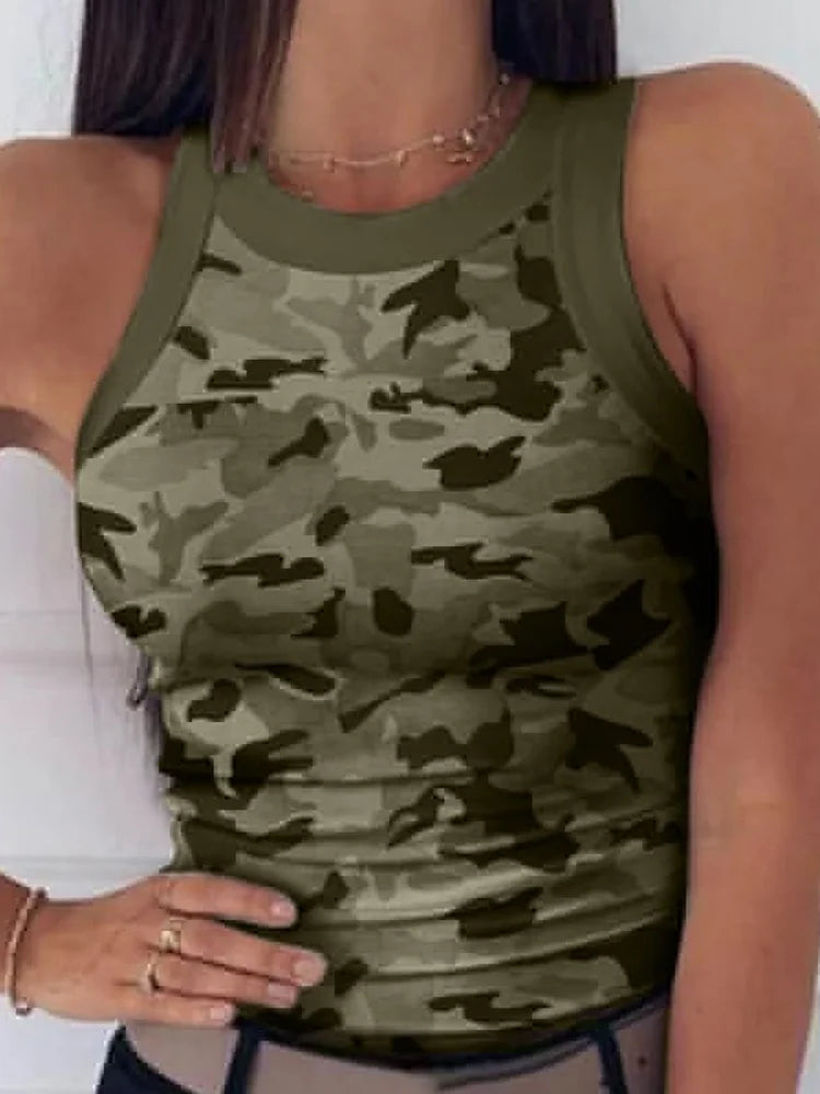 Summer Basic Elastic Tank Top Digital Printing T-shirt Women's O Neck Racerback Sexy Tank Top Stripe Print Sleeveless Tank Top