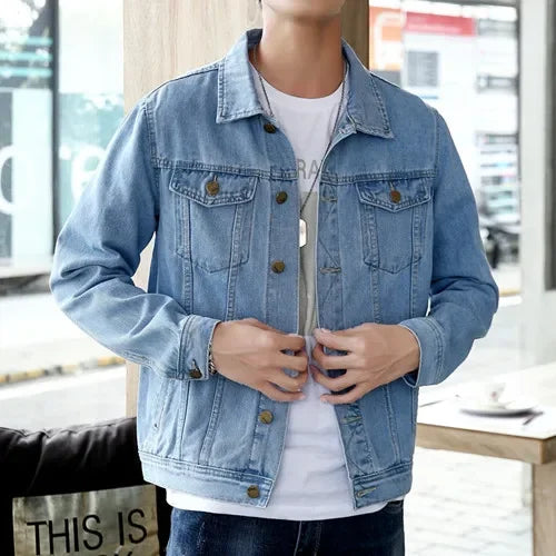 2025 New Men Pure Colour Denim Jacket Single-breasted Lapel Daily Casual Simple Coats