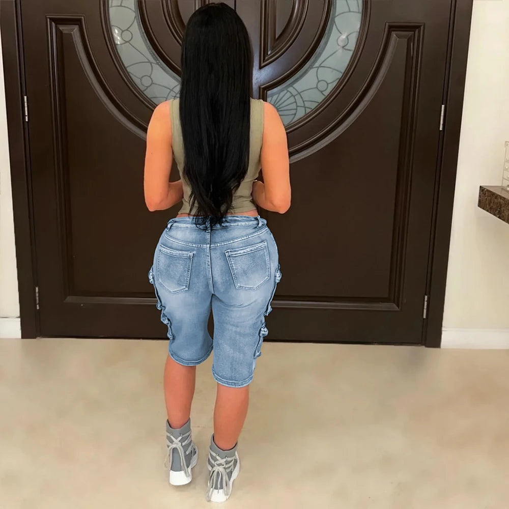 2025 New Summer Women Denim Short Pants Straight Midi Casual Multi Pockets Knee Length Vintage Washed Cargo Feminino Jean Shorts