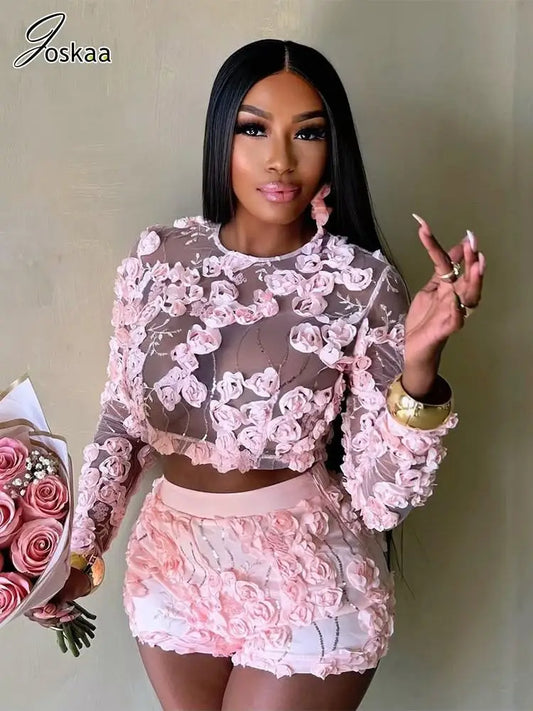 Joskaa 3D Flower Sequins 2 Piece Sets Women Sexy Sheer Full Sleeve Crop Tops and Shorts Matching 2025 Vacation Beach Outfits