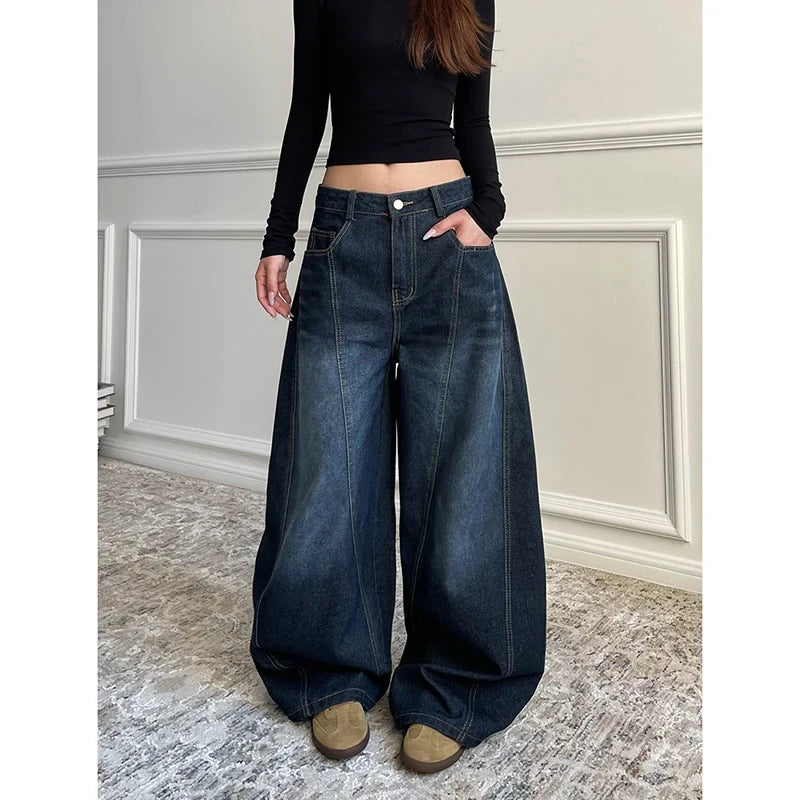 Dark Blue Retro Wide Leg Loose Denim Pants Y2K 2000s Women's High Waist Baggy Jeans Summer Korean Plus Size Women Clothes