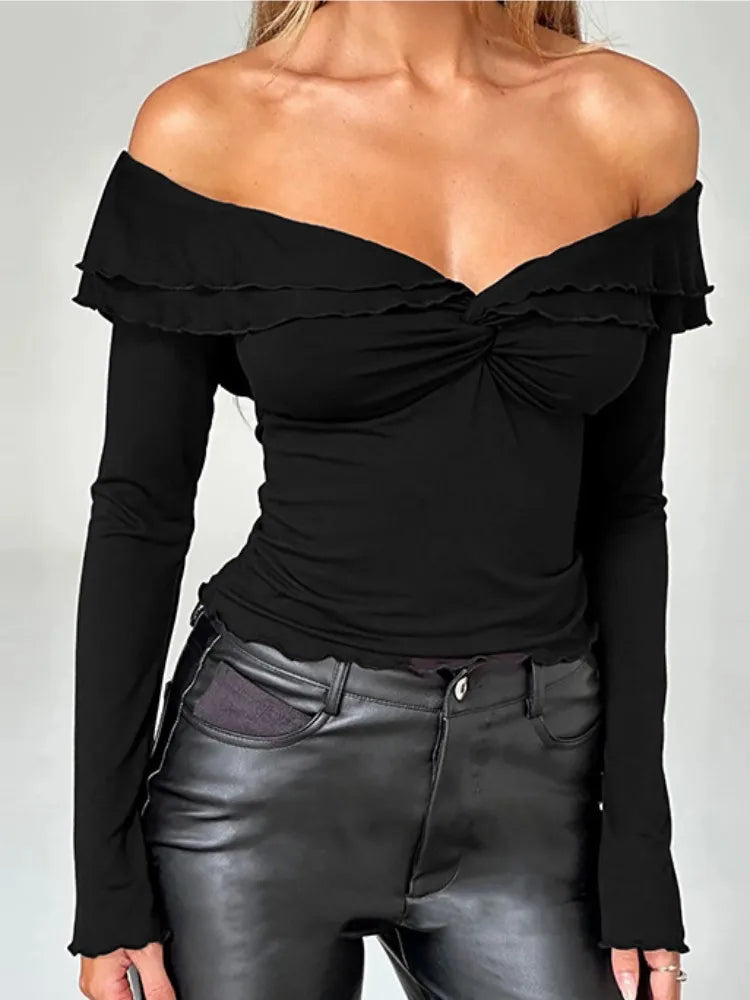 Joskaa Elegant Women 2 Piece Sets Sexy Off Shoulder Long Sleeve Crop Tops and Ruched Mini Skirt Match Party Clubwear Streetwear