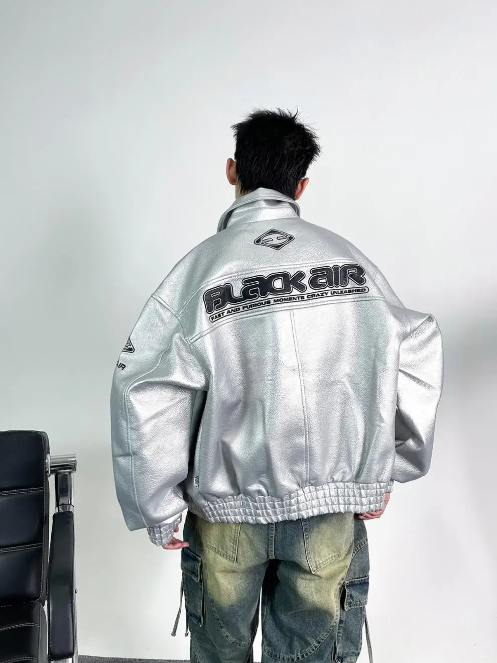 Heavy Duty Embroidered Men's Motorcycle Leather Jacket, Silver Edgy Aesthetic Windbreaker for Men, Autumn Fashion Mans Clothes