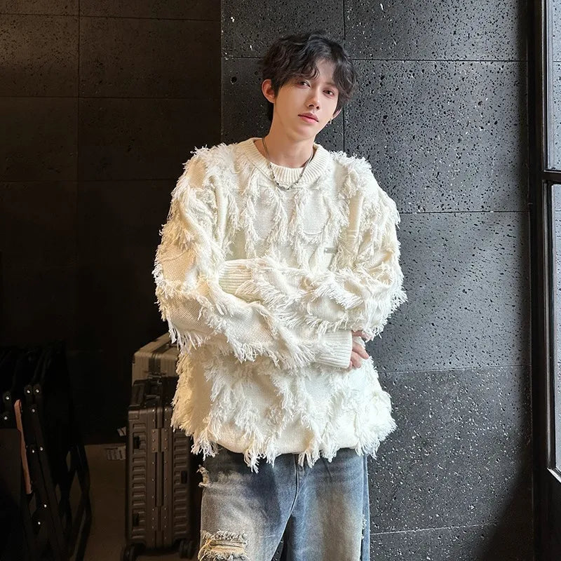 Streetwear Sweater Men Stylish New Retro Hole Fringed Sweater Loose Versatile Knitwear Pullovers Long Sleeve Jumpers Clothing