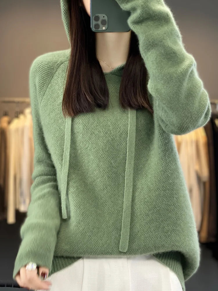 Autumn Winter Women's Cashmere Hooded Pullover Thick Sweater Raglan Sleeve 100% Merino Wool Knitwear Warm Casual Comfortable Top