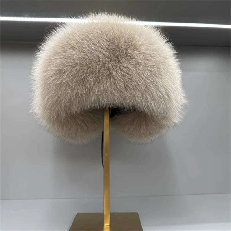 Ms.MinShu Unisex Winter Adjustable Earflap Genuine Black Fox Fur Hat with Sheep leather