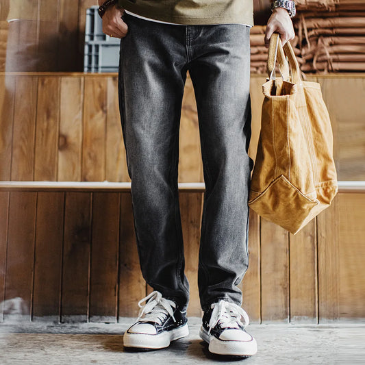 Maden Men's Vintage 13oz Heavyweight Denim Jeans Washed Gray Straight Leg Tapered Pants Casual Trousers for Spring and Fall