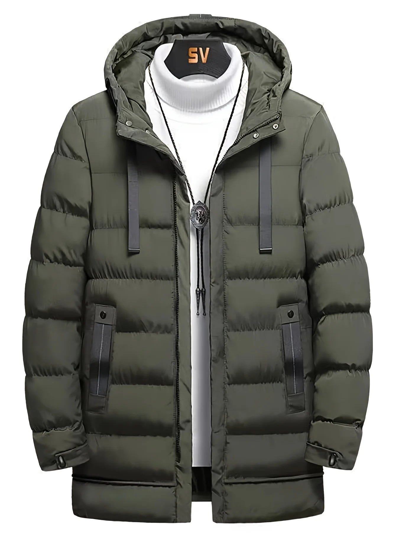 Men's Winter Hooded Full-Zip -Padded Jacket - Windproof Coat with Full-Length Zipper- Cold Weather Outdoor Clothing for Skiing