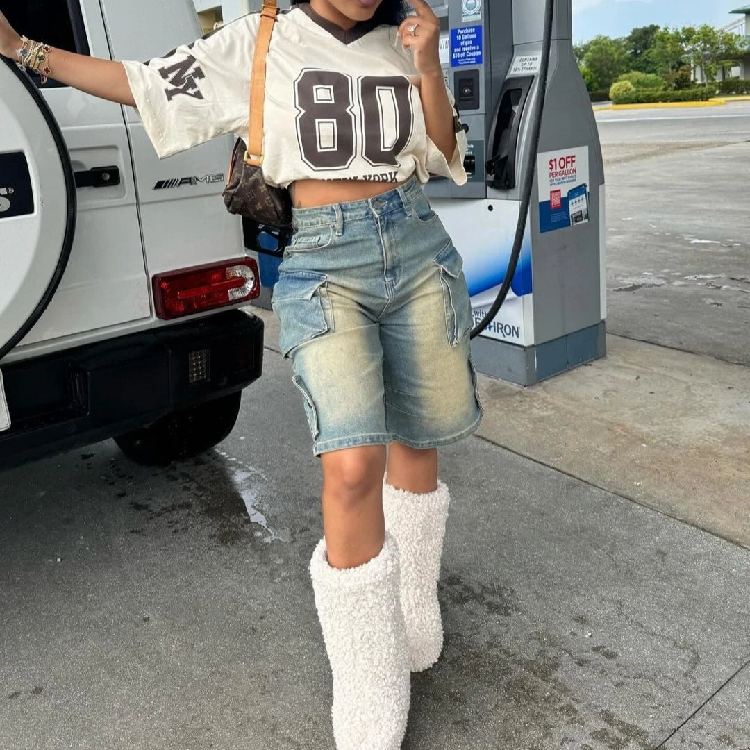 Denim Pant Women Short Jeans Shorts Pants Slim Mom Jeans High Waist Straight Trousers Y2k Streetwear Splice Pockets Casual Punk